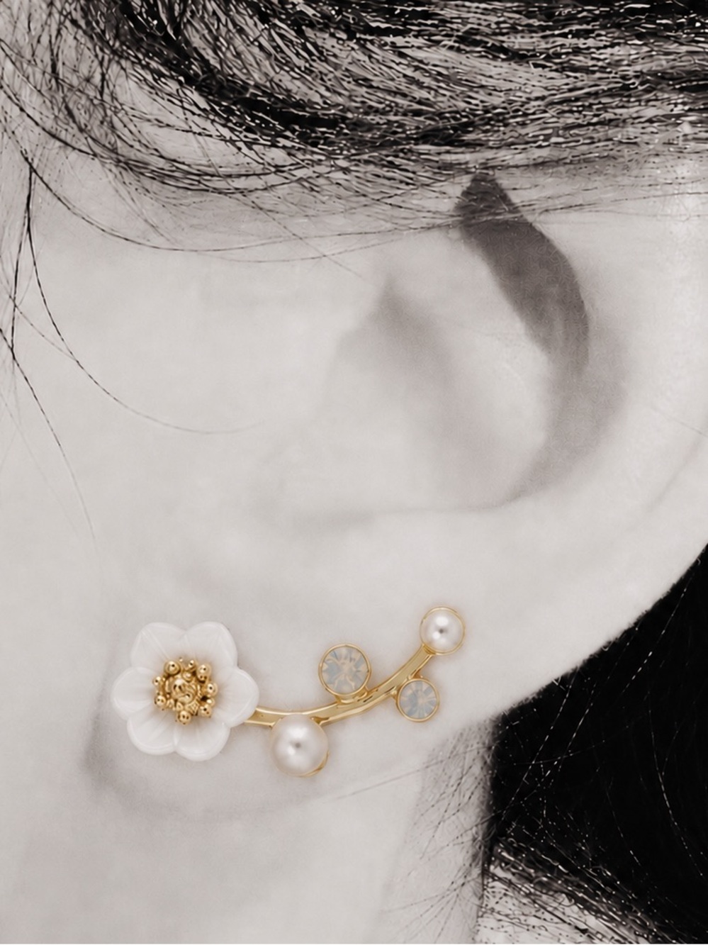 “Climbing Daisy” Iridescent Pink Opal White Flower Pearl Branching Ear Climbers